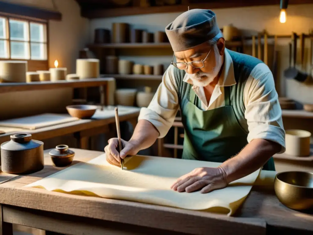 Un maestro fabricante de papel experto en técnicas innovadoras fabricación papel, creando papel a mano en un taller tradicional vintage