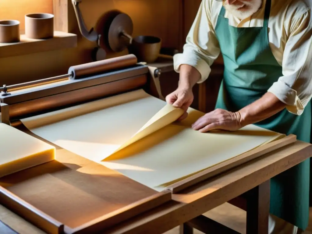 Un maestro fabricante de papel elabora hojas delicadas con herramientas antiguas, iluminado por una cálida luz que realza cada detalle