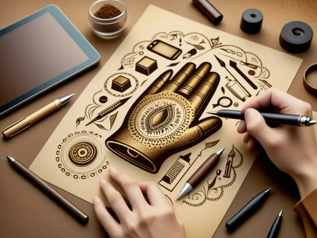Arte tradicional y tecnología digital: evolución creativa Mano de artista crea diseño detallado en papel, integrando técnica tradicional con tecnología digital