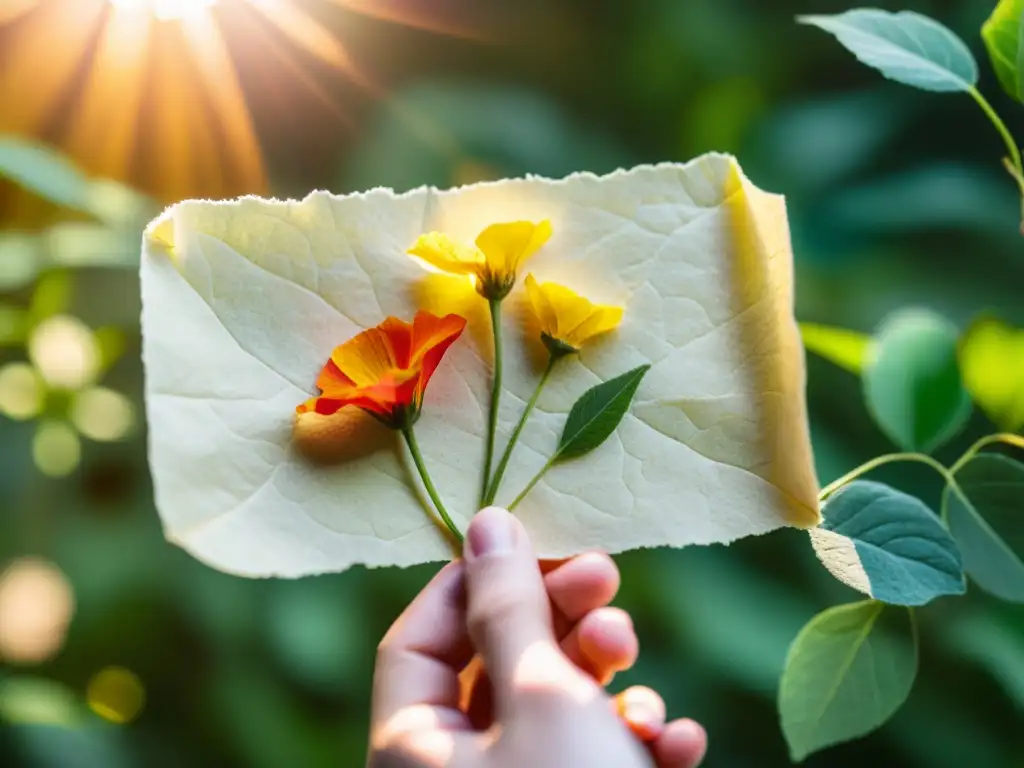 Una mano sostiene con cuidado un papel artesanal con flores y hojas, iluminado por el sol