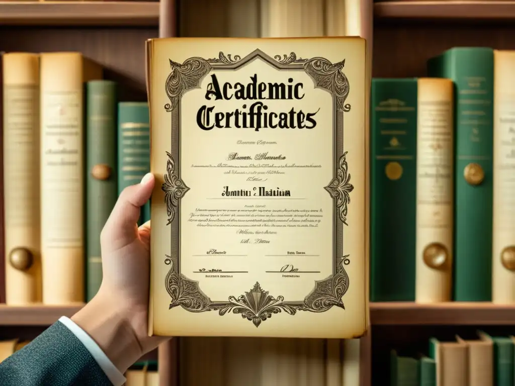 Una mano sostiene títulos y certificados académicos sobre un fondo sepia de libros antiguos, evocando la importancia del papel en la era digital