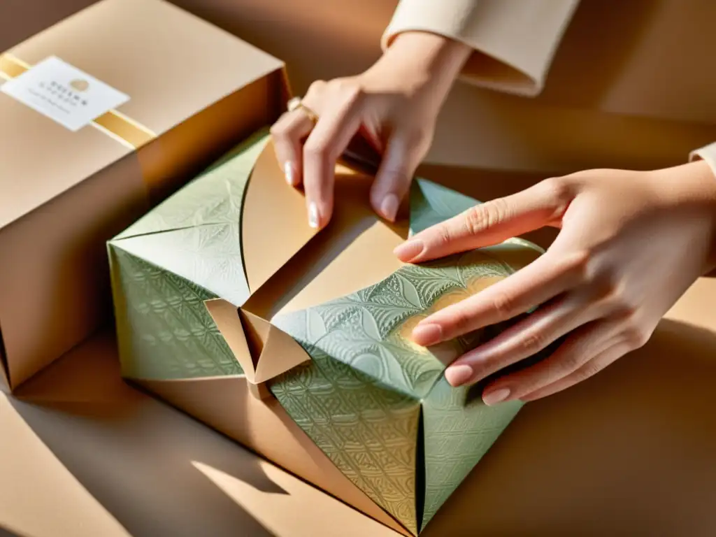 Unas manos desempaquetando con delicadeza un hermoso embalaje de papel vintage, bañadas en cálida luz, evocando nostalgia y artesanía