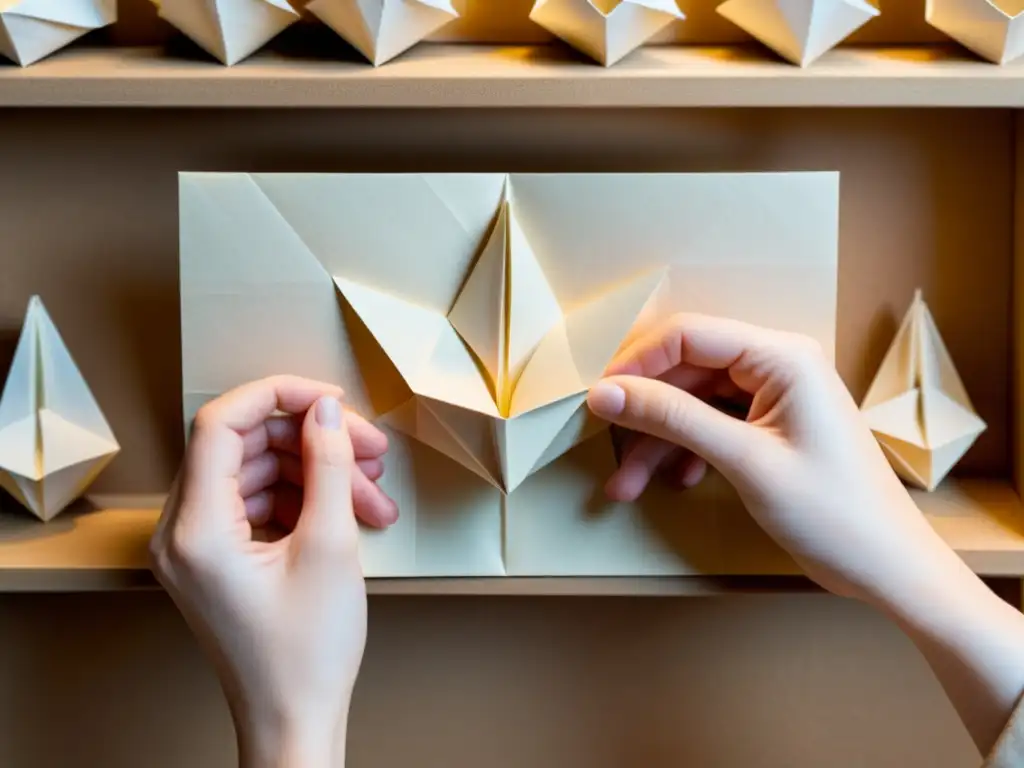 Arte del origami: Manos hábiles creando figuras con papel reciclado Manos expertas moldeando papel reciclado en intrincadas figuras de origami, bañadas en cálida luz natural