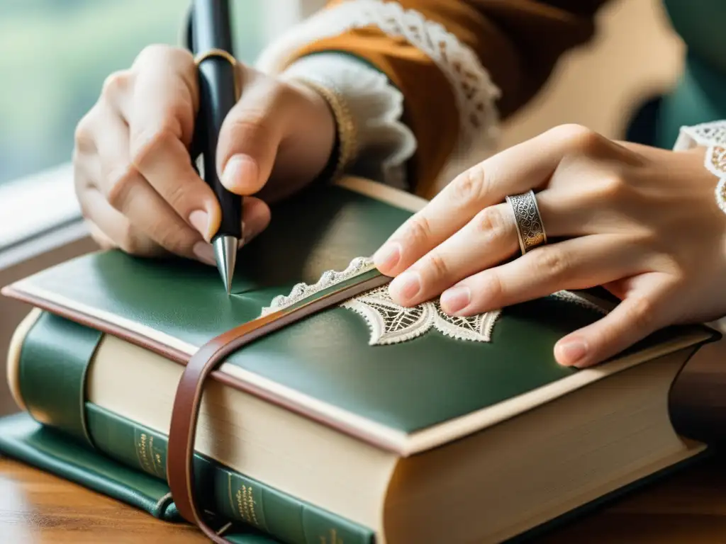 Manos habilidosas realizando técnicas de encuadernación de libros en un ambiente vintage cálido y elegante