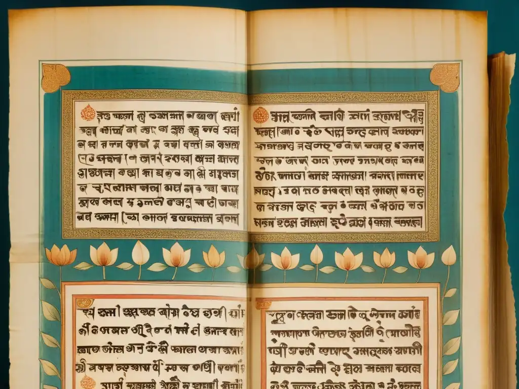 Manuscrito antiguo de la India en sánscrito con ilustraciones detalladas