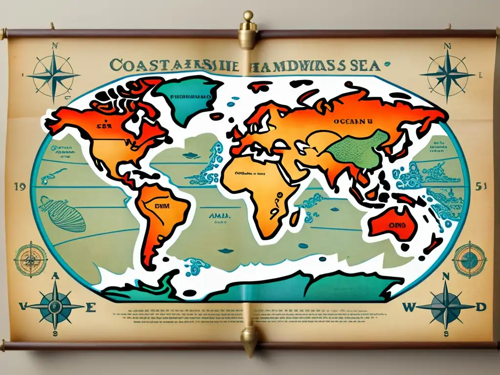 Un mapa del mundo vintage dibujado a mano en pergamino envejecido, con tonos terrosos y detalles intrincados