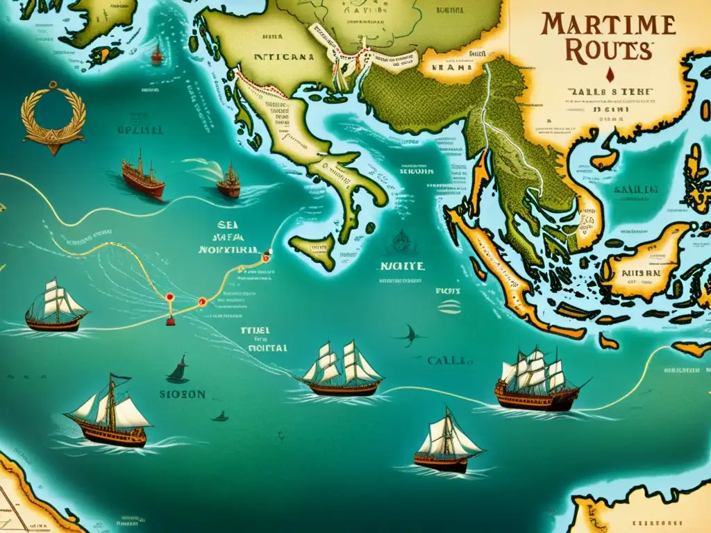 Un mapa vintage detallado de antiguas rutas comerciales marítimas, con ilustraciones de barcos, monstruos marinos y puertos exóticos