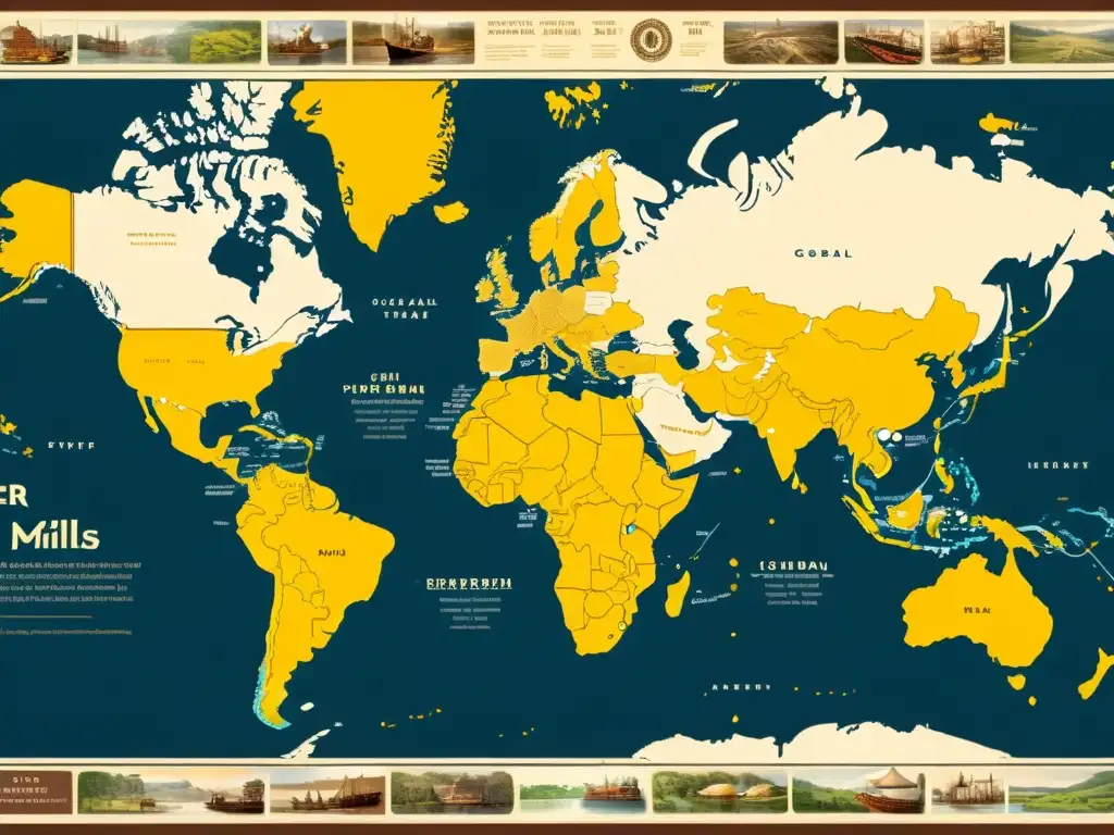 Mapa vintage detallando la evolución del papel en sociedad con ilustraciones de antiguas técnicas de fabricación