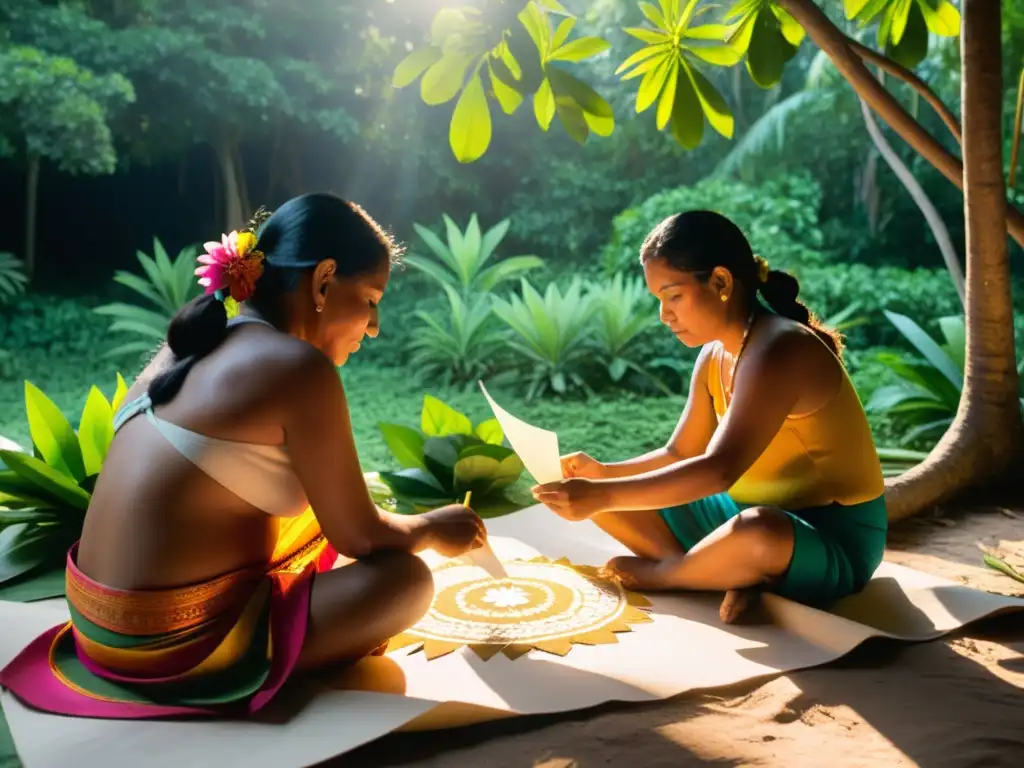 Mayas creando papel artesanal en la naturaleza, reflejando conexión espiritual con el mundo natural