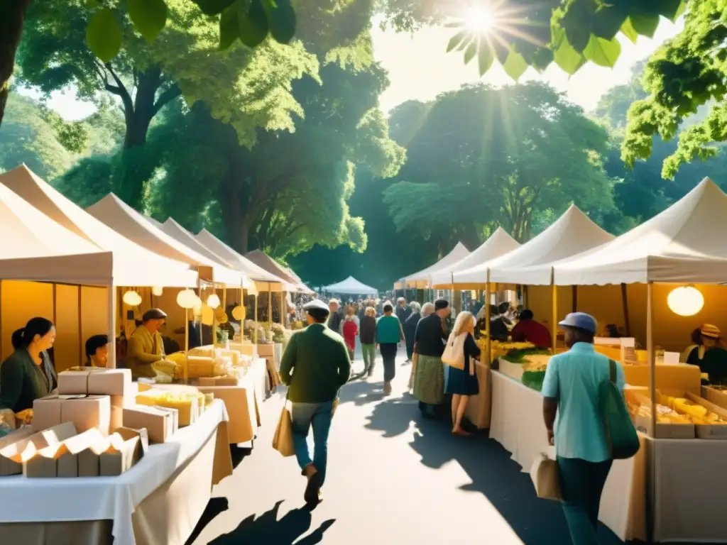 Mercado animado con marcas líderes mostrando sus productos en empaques de papel biodegradable, en un ambiente ecoamigable y comunitario