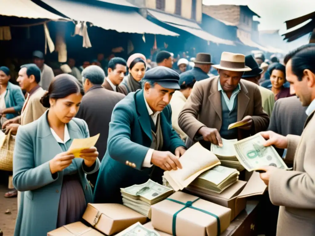 Mercado bullicioso durante crisis económica, con intercambio de bienes y papel moneda como divisa de emergencia, evocando nostalgia histórica