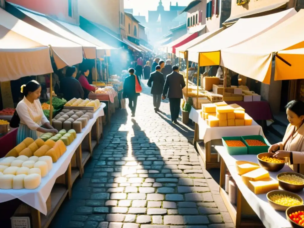 Mercado bullicioso con puestos de papel comestible en la industria alimentaria, bañado por cálida luz dorada