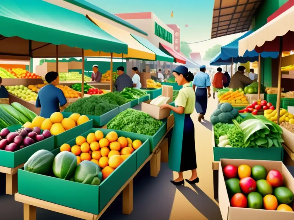 Mercado bullicioso con vendedores de frutas y verduras, destacando embalajes sostenibles papel vs plástico en una ilustración vintage