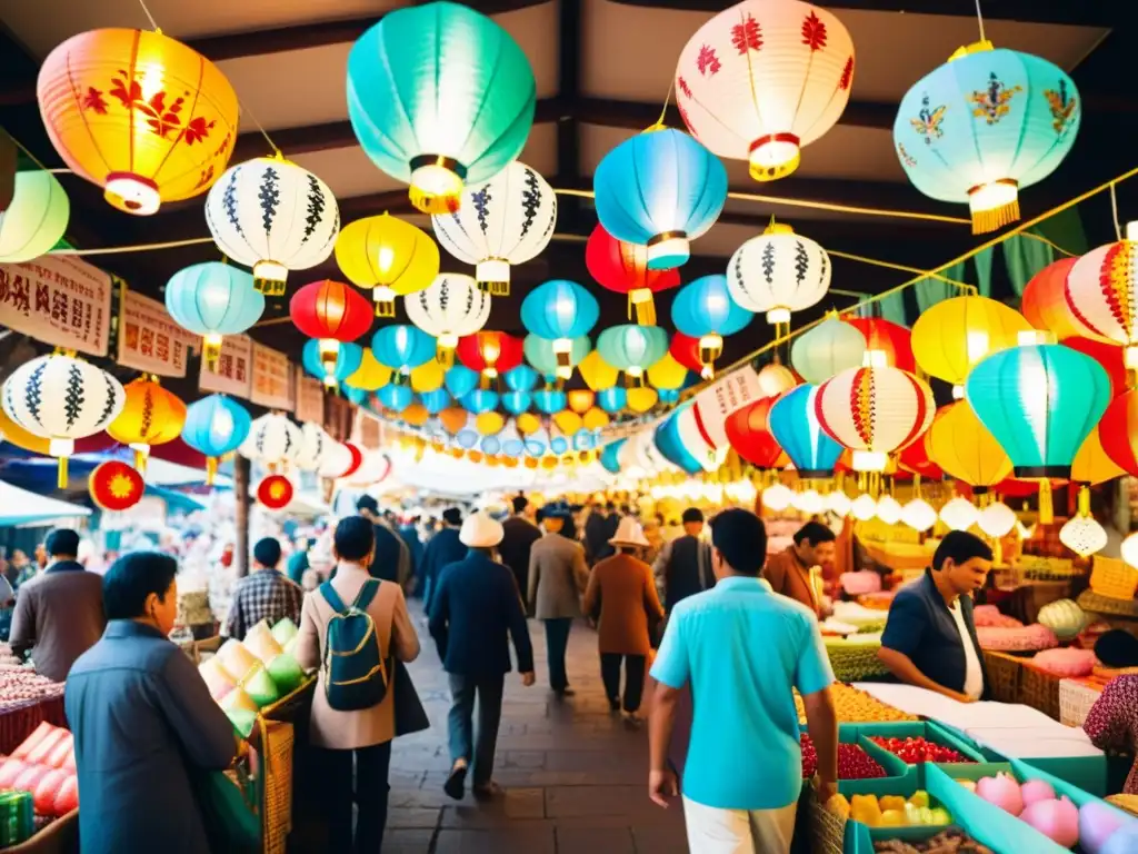 Un mercado local bullicioso lleno de coloridos puestos de souvenirs y guías de viaje impresos