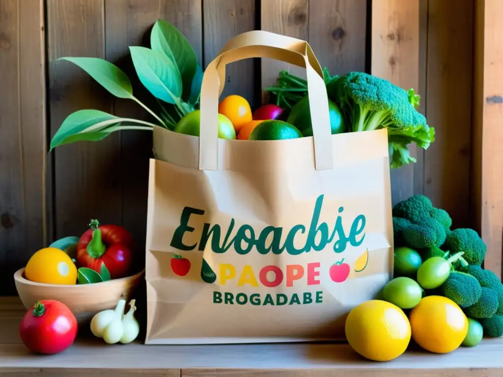 Un mercado rústico con envases de papel biodegradable repletos de frutas y verduras frescas, evocando un ambiente ecoamigable y sostenible