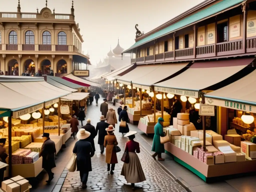 Mercado del siglo XIX con embalajes de papel personalizado, impacto cultural del papel en el comercio