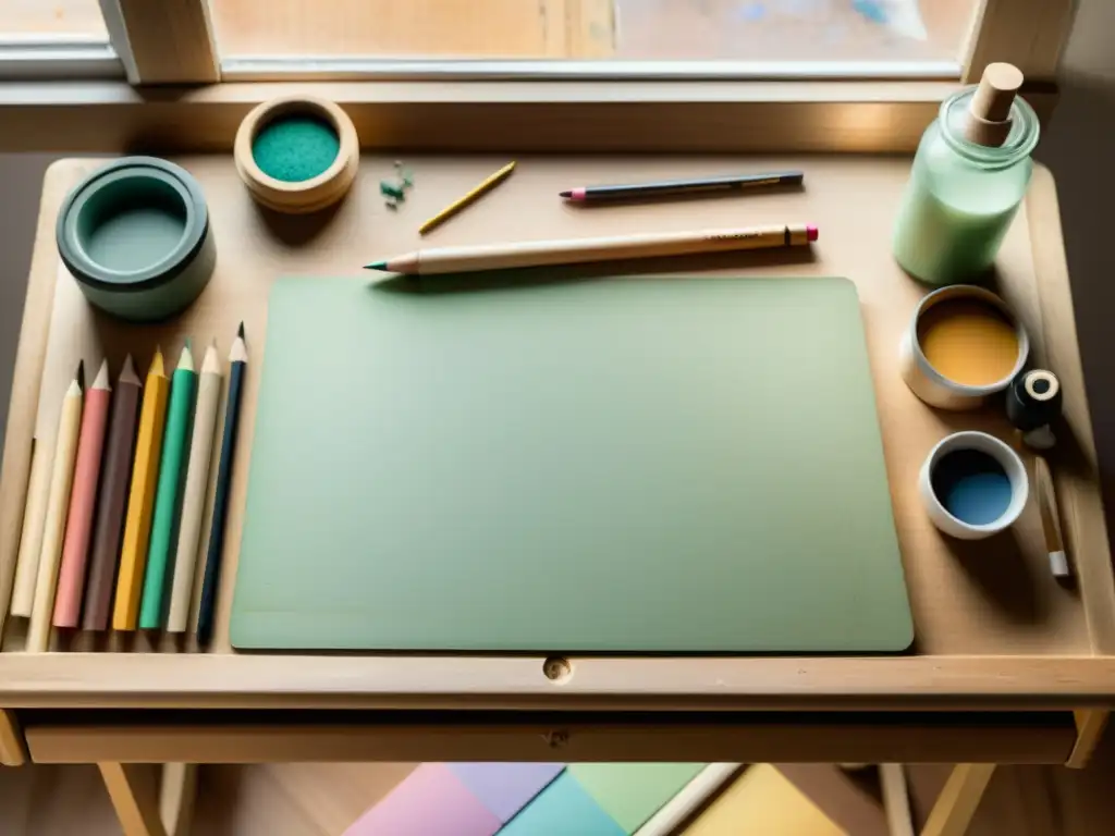 Una mesa de dibujo de madera desgastada, iluminada por luz natural cálida, con suministros artísticos dispersos