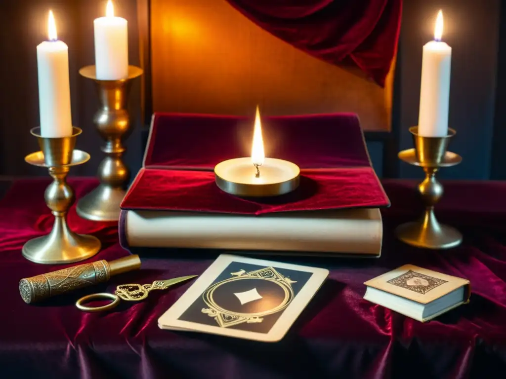 Una mesa de madera antigua con un mantel de terciopelo burdeos, cubierta de herramientas de adivinación vintage como cartas del tarot, una bola de cristal, un péndulo de latón y un libro de hechizos antiguos