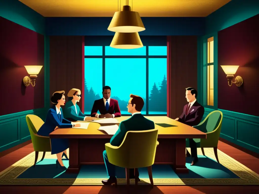 Negociación vintage: el arte atemporal en acción Una ilustración vintage de una mesa de negociación en una habitación tenue, con papeles texturizados en tonos azul, burdeos y verde