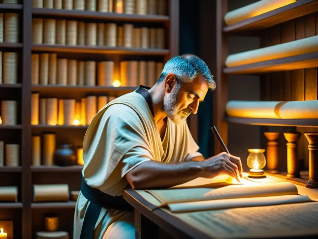 Un meticuloso escriba romano fabricando papel en un scriptorium antiguo iluminado por lámparas de aceite