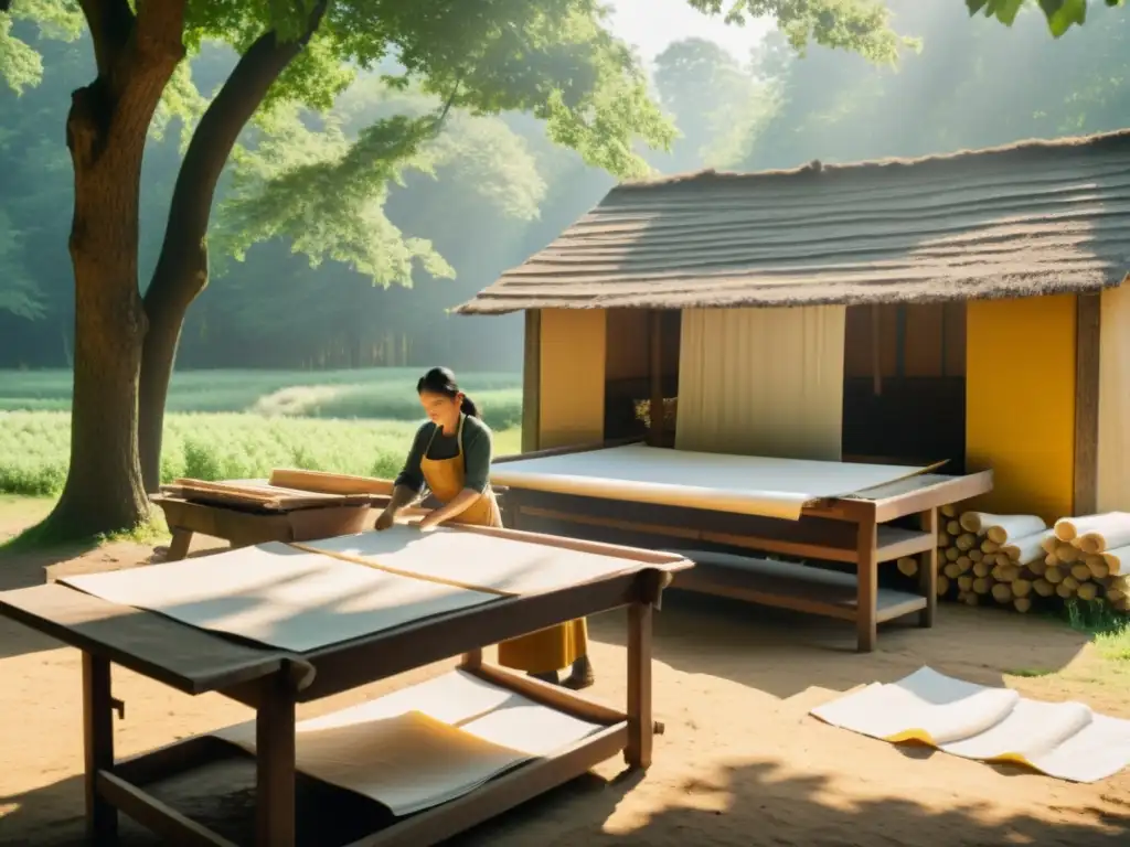 Métodos antiguos de secado de papel en un taller tradicional de fabricación de papel, con hojas frescas secándose al sol entre árboles dappled