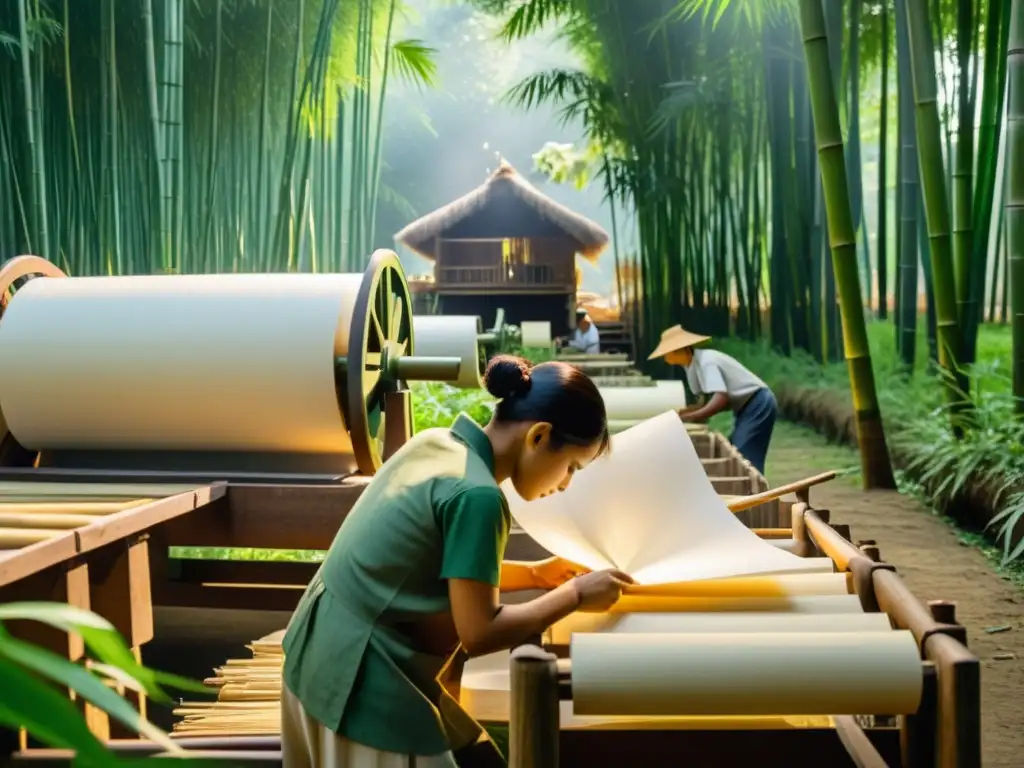 Un molino de papel tradicional en un exuberante bosque de bambú, donde los trabajadores elaboran papel a mano con antiguas técnicas