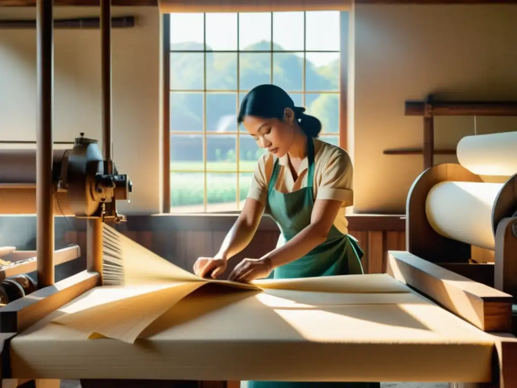 Un molino de papel vintage con artesanos elaborando papel de lino y algodón sostenible, rodeados de maquinaria rústica y fibras naturales