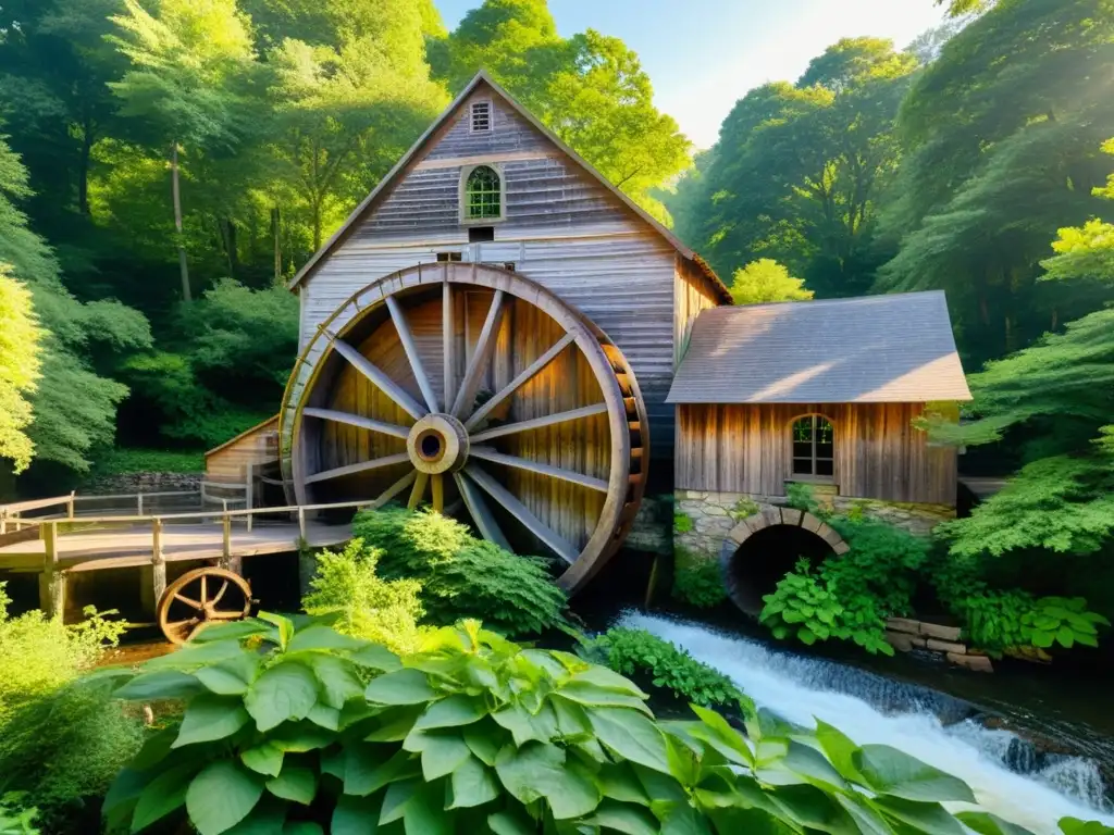 Un molino de papel vintage con una gran rueda de agua girando en un entorno natural sereno