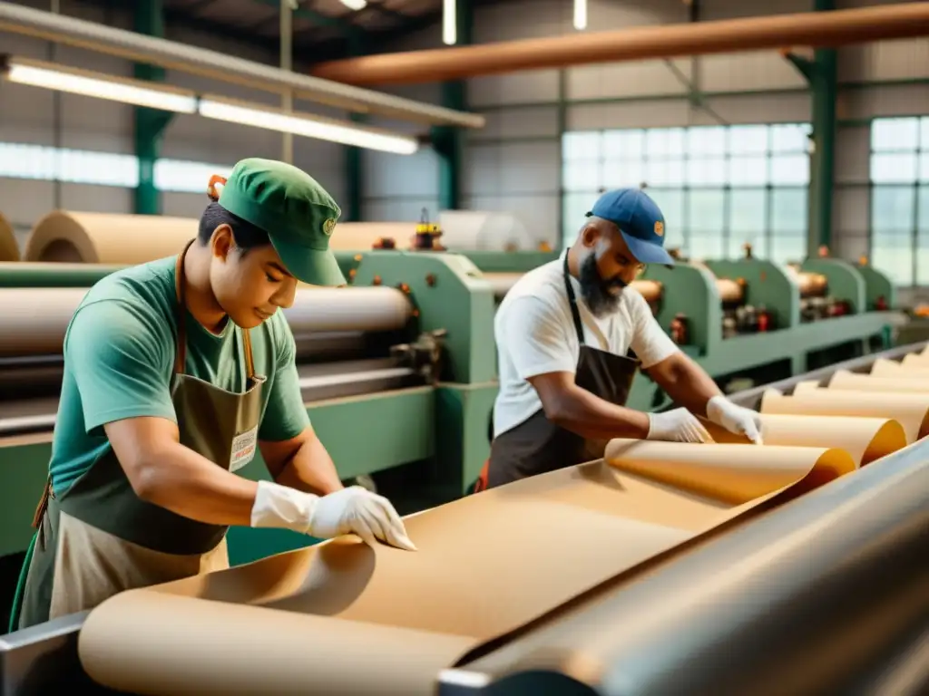 Un molino de papel vintage en plena acción, con trabajadores elaborando productos de papel biodegradable sostenible a mano