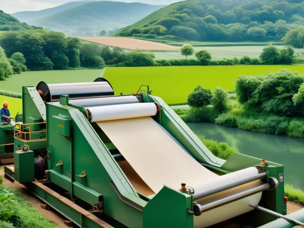 Un molino de papel vintage rodeado de un exuberante paisaje verde, con trabajadores reciclando papel