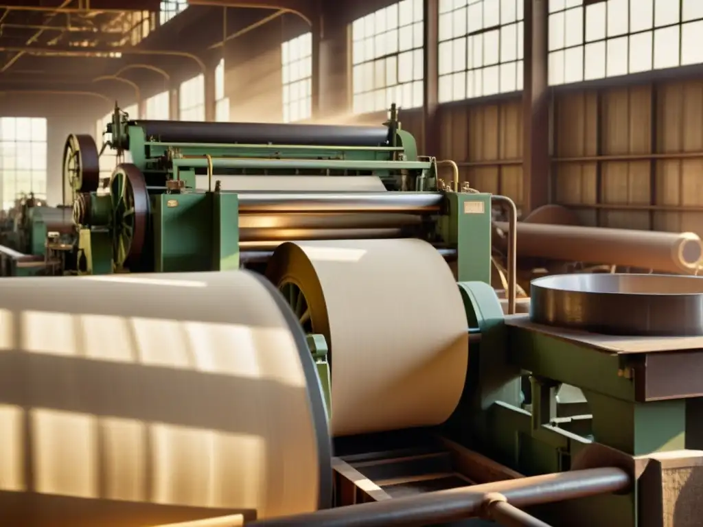 Un molino de papel vintage en tonos sepia, con maquinaria y trabajadores produciendo papel reciclado