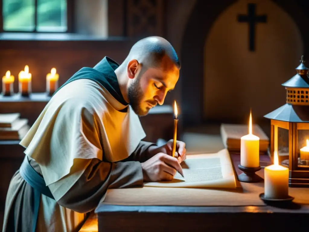 Monje medieval elaborando papel pergamino en un scriptorium iluminado por velas, evocando la evolución del papel en la historia