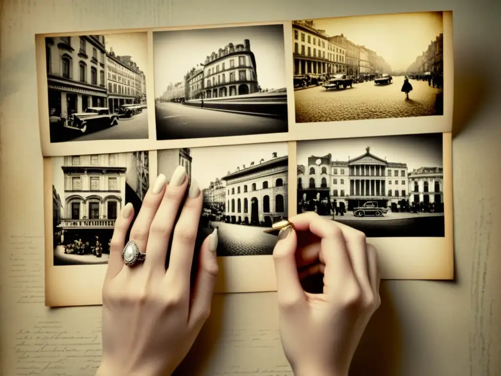 Un montaje artístico de fotografías en papel envejecido con toque vintage, manos delicadas ajustan las imágenes en un fondo texturizado