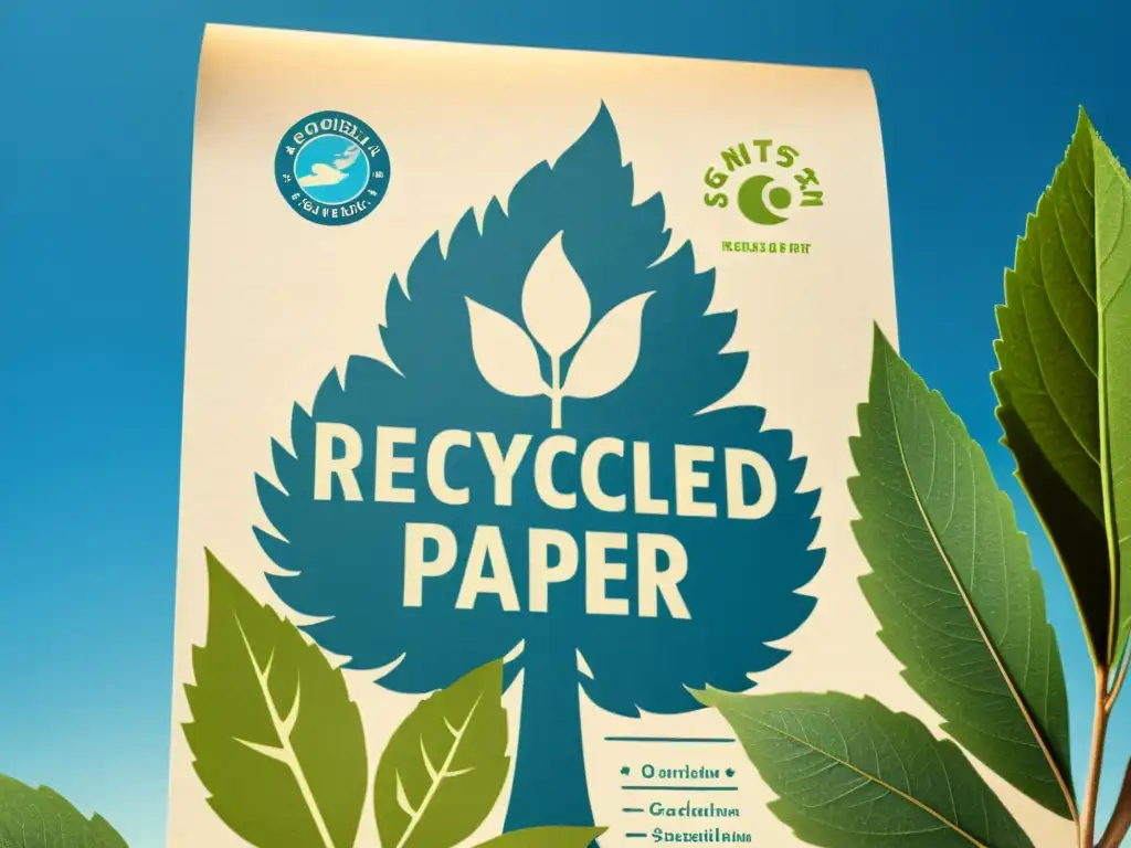 Un montón de papel reciclado con sellos de sostenibilidad y ecoetiquetado, rodeado de naturaleza exuberante y cielo azul