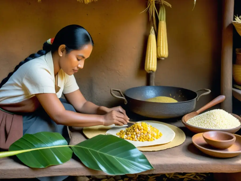 Mujeres preparando una comida precolombina en una cocina rústica, destacando el papel en la alimentación precolombina