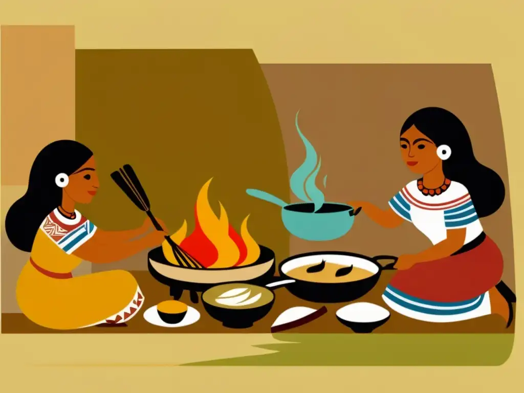 Mujeres precolombinas cocinando con papel en escena de cocina ancestral, evocando tradición y herencia culinaria