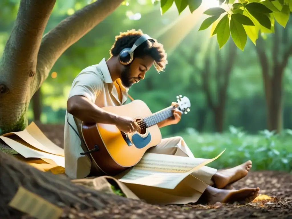 Un músico compone en papel reciclado en un bosque verde y exuberante