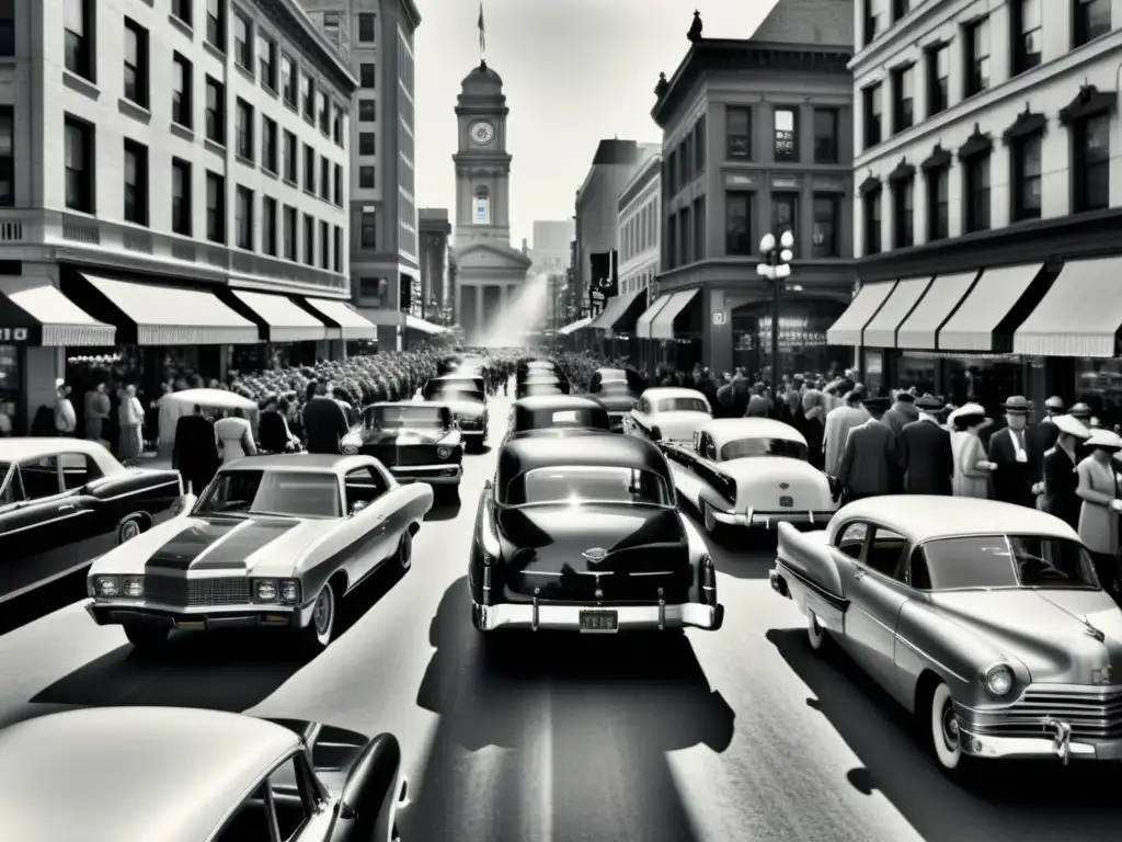 Una nostálgica fotografía en blanco y negro de una concurrida calle de la ciudad, evocando la transición del papel fotográfico al era digital