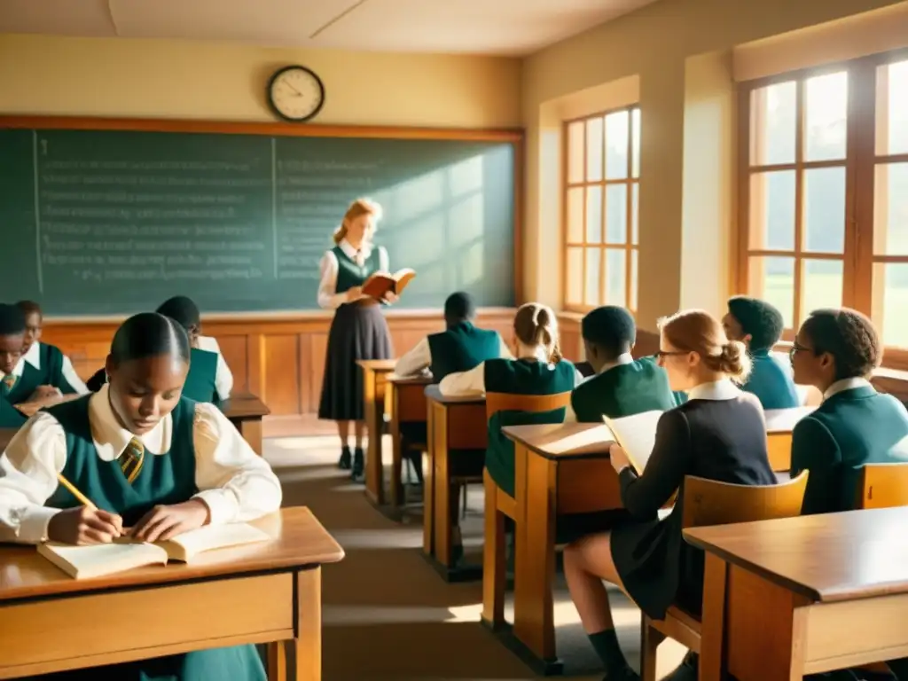 Una nostálgica escena de aula vintage con estudiantes y maestro, bañada por la cálida luz del sol, evoca la evolución del papel en la historia