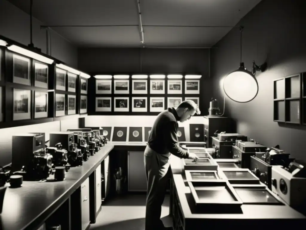 Una nostálgica escena en blanco y negro de un cuarto oscuro, donde un fotógrafo trabaja rodeado de equipos vintage