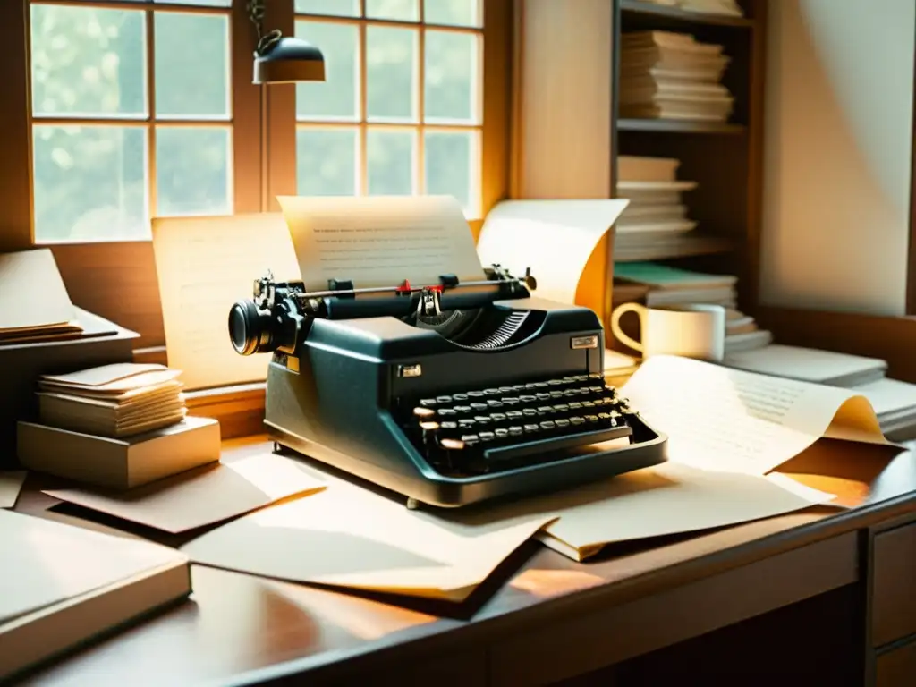 Una nostálgica escena con un escritorio desordenado, una máquina de escribir, fotografías antiguas y montones de papel, bañada en cálida luz natural