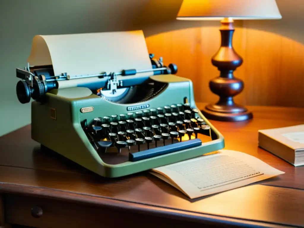 Una nostálgica escena de una máquina de escribir vintage y papeles antiguos en un escritorio de madera, iluminados por una lámpara cálida