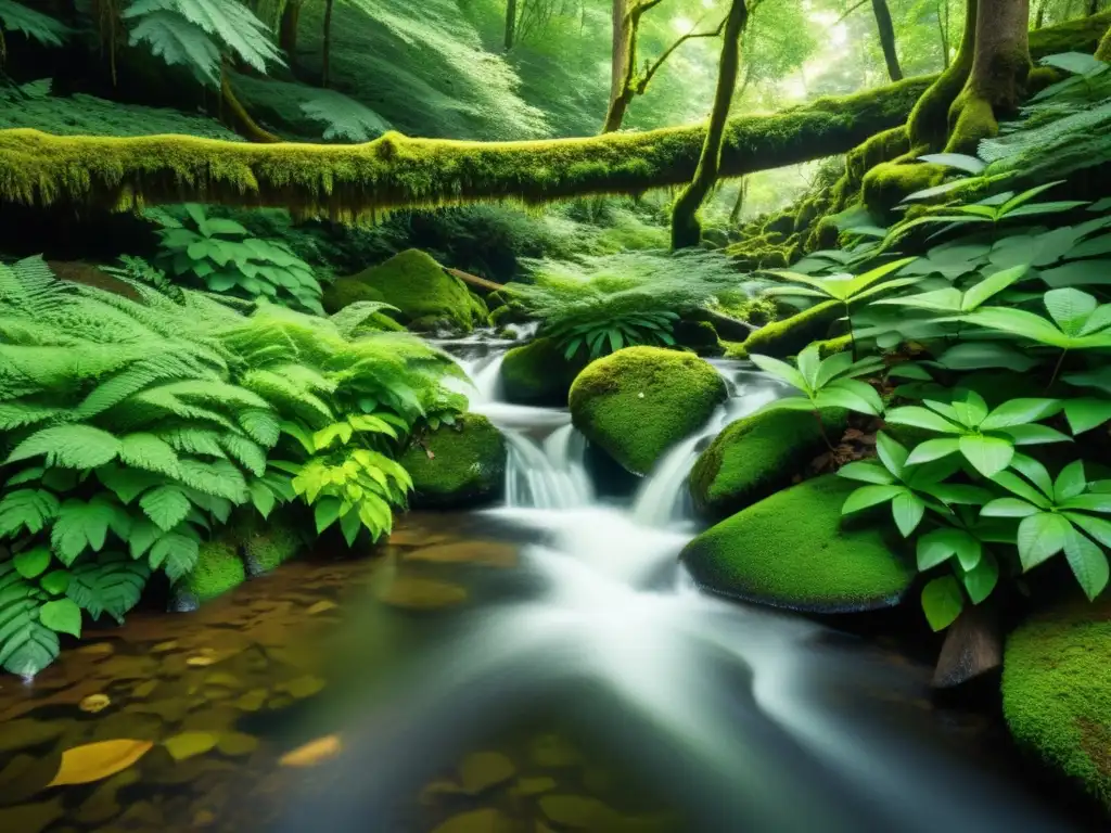 Bosque exuberante: Naturaleza serena y biodiversidad Fotografía nostálgica de un exuberante bosque con árboles altos, follaje vibrante y luz solar filtrada