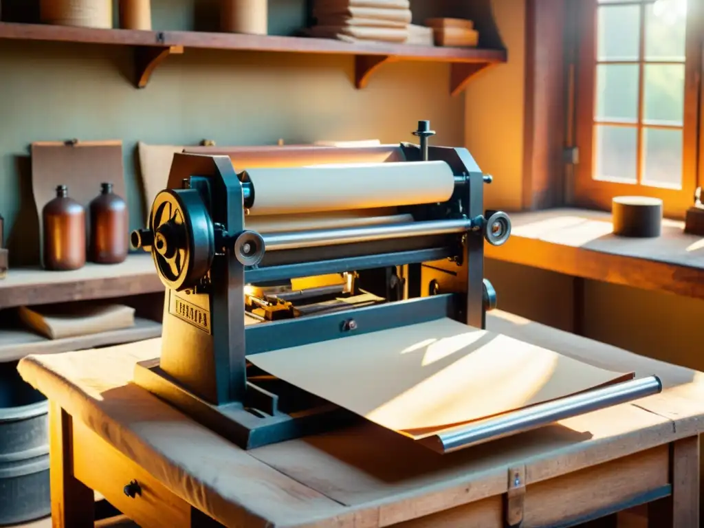 Una nostálgica imágen de una imprenta rústica iluminada por el sol en un taller acogedor