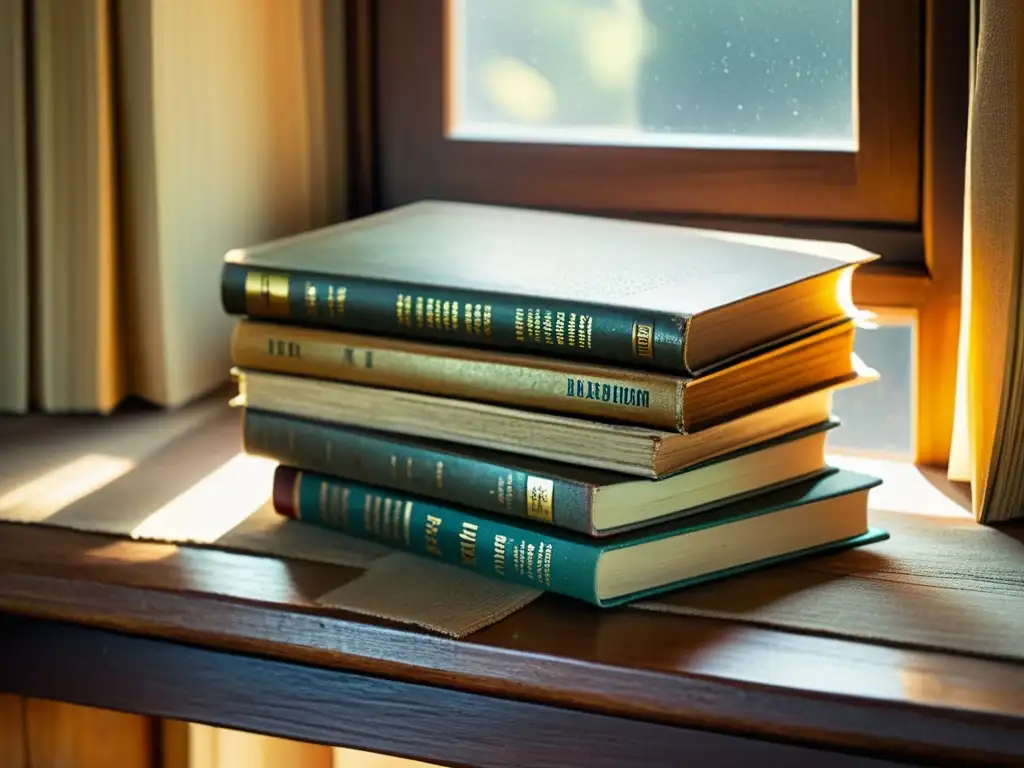 Una nostálgica imagen de libros antiguos apilados en una mesa de madera, bañados por la cálida luz de la tarde