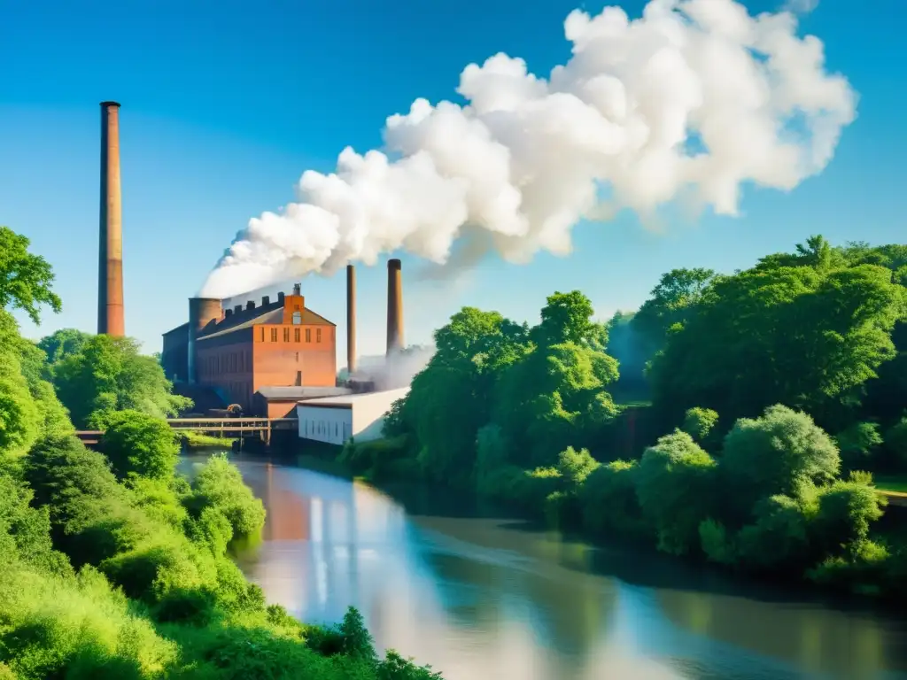 Una nostálgica imagen vintage de una fábrica de papel rodeada de exuberante vegetación, con humo blanco ascendiendo al cielo azul