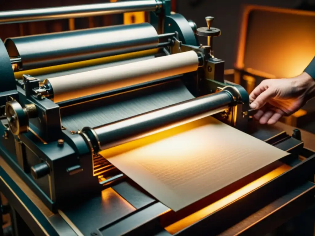 Una nostálgica impresora de letterpress en un estudio tenue, evocando el arte atemporal de las ediciones limitadas papel colecciones