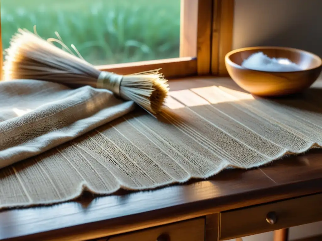 Un nostálgico y artesanal arreglo de fibras naturales en una mesa de madera, evocando el impacto de las fibras en papel