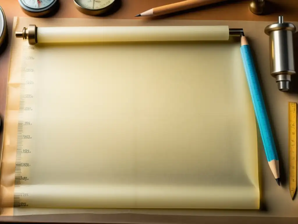 Un nostálgico escenario de arte y precisión con papel vegetal transparente en una mesa de dibujo vintage