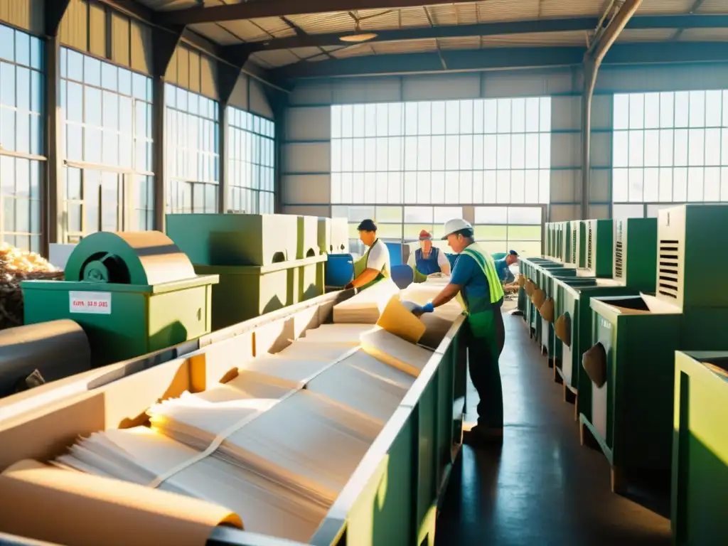 Un nostálgico y laborioso escenario en una planta de reciclaje de papel vintage, donde los trabajadores clasifican y alimentan la máquina de reciclaje